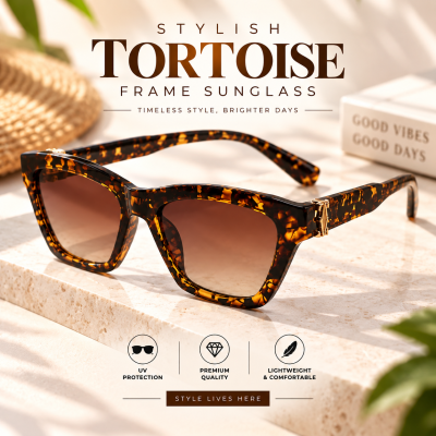 Stylish Tortoise Pattern Sunglasses – Trendy Brown & Black Matte Frame with Golden Accent Temple, Chic Casual Square-Rectangle Cat-Eye Eyewear for Women